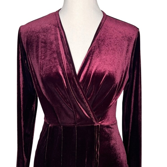 Shinestar Gold Velvet Long Sleeve V Neck Faux Wrap Dress Plum Hi Low Hem Size M - Picture 13 of 14